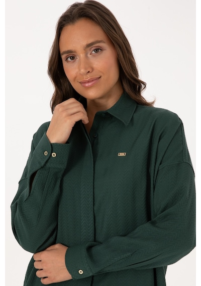 U.S. Polo Assn. Kadın Koyu Yeşil Uzun Kollu Oversize Desenli Gömlek 50316422-VR079