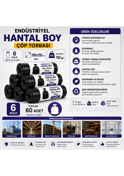 Hantal Boy Endüstriyel Çöp Torbası Siyah 100x150 Cm 700 Gr Ekstra Dayanıklı Sızdırmaz 6 Rulo / 60 Adet