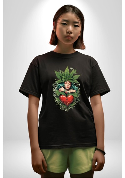 Kalp Parmak Kız Yeşillik Mutluluk Pamuklu Bisiklet Yaka Unisex Oversize Boyfriend Dijital Baskılı Siyah T-shirt Siyah