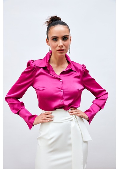 Sateen Vatkalı Saten Gömlek - Fuşya