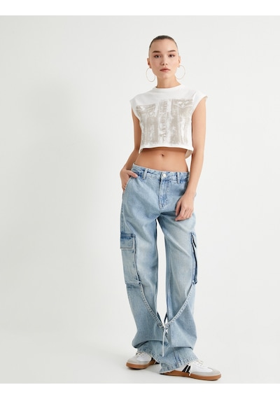 Koton Crop Kolsuz Tişört Baskılı Bisiklet Yaka Pamuklu Ekru 4sal10349ık 4SAL10349IK010 Ekru