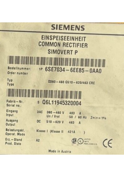 6se7034-6ee85-0aa0 Sımovert Masterdrıves Infeed/regeneratıve Feedback Unıts 2.el