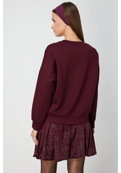 On Fashion Kadın Yakası İşlemeli Bordo Sweatshirt 66357 Bordo