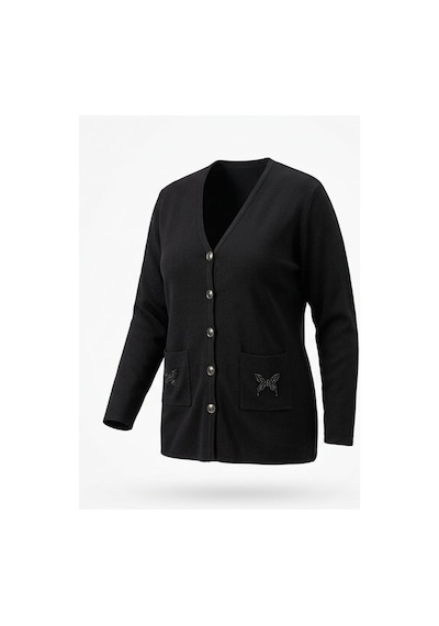 Onno Style Women Cebi Kelebek Taşlı Çelik Örgü Klasik Triko Ceket Siyah