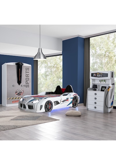 Setaymobilya Sports Çocuk Odası - Audi Arabalı Yatak, Dolap, Şifonyer - Beyaz