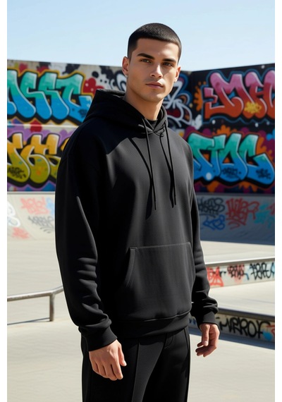 Benerly Erkek Kapüşonlu Düşük Kol Uzun Kollu Oversize Kalıp Sweatshirt Fo siyah