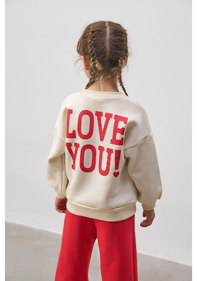 Beniizle Love You Baskılı Şardonlu Kız Çocuk Takım Kırmızı