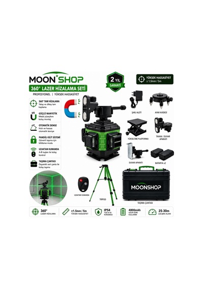 Moonshop 360 Yeşil Lazer Hizalama Seti Şarjlı 16 Çizgili Tripodlu Profesyonel Lazer Terazi