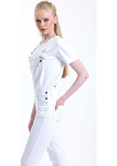 Kene Jeans Bahçevan Askılı Beyaz Tam Kalıp Mom Kot Tulum Beyaz