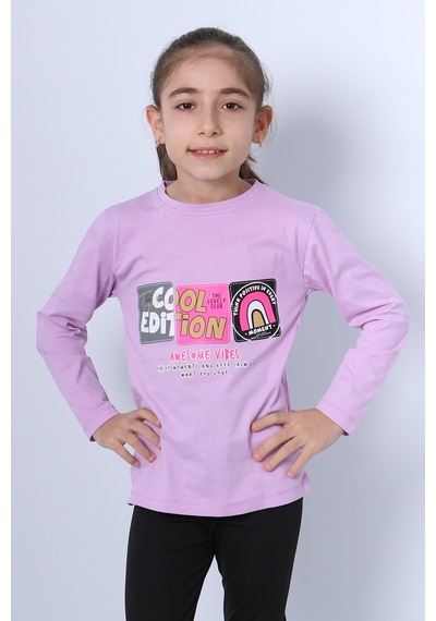 Hçm Kız Çocuk Uzun Kollu Tshirt 4 Mevsim Bisiklet Yaka Cool Edition Baskılı D45 Lila