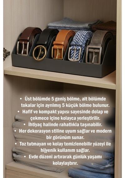 10 Bölmeli Kemer Organizer, Çorap, Kravat, Takı, Makyaj, Çekmece, Dolap İçi Depolama Gri