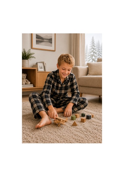 Free Beka Ekose Desenli Uzun Kollu Gömlek Yaka Düğmeli Erkek Çocuk Pijama Takımı Bej
