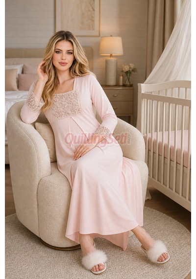Lady Pembe Renk Dantel Detaylı 33501 Sabahlıklı 2li Hamile Gecelik Takım Set Açık Pembe