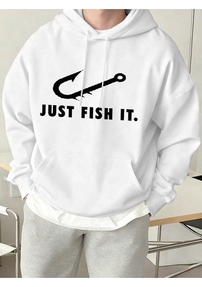 Startmore Startmorejust Fish It Balık Kancası Desenli Baskılı Erkek Kapüşonlu Sweatshirt Moda Polar Sıcak Kazak Beyaz