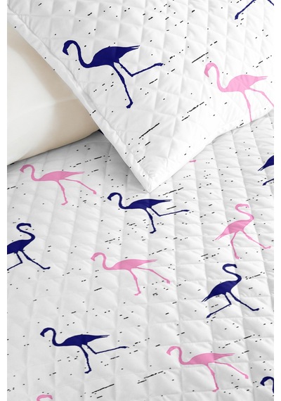 Evimde Bambaşka Flamingo Pembe Kız Çocuk Pike Takımı - Pastel Lacivert Bebek Odası Mevsimlik Yatak Örtüsü-160x220  CM