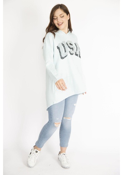 Şans Kadın Bebe Mavisi Büyük Beden Payet Detaylı Kapşonlu Arkası Uzun Sweatshirt-bebe Mavisi Bebek Mavisi