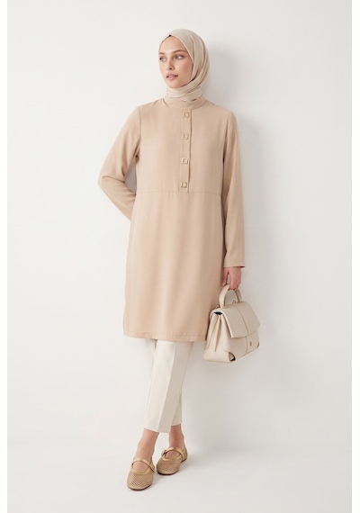 Armine Trend Metal Aksesuar Detaylı Hakim Yaka Tunik Bej 26yt485