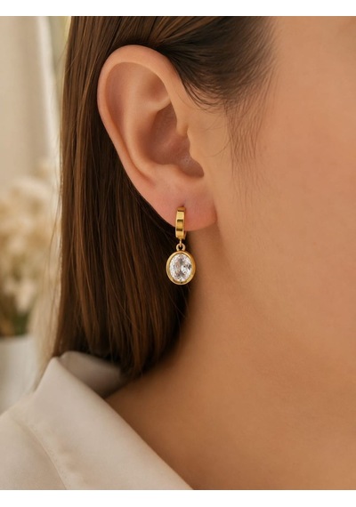 Cm Jewelry Oval Zirkon Taşlı Sallantılı Gold Çelik Küpe Altın