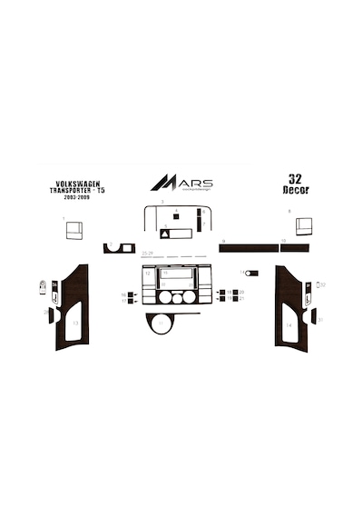 Volkswagen Transporter T5 Torpido Kaplama 2003-2009 32 Parça Koyu Meşe
