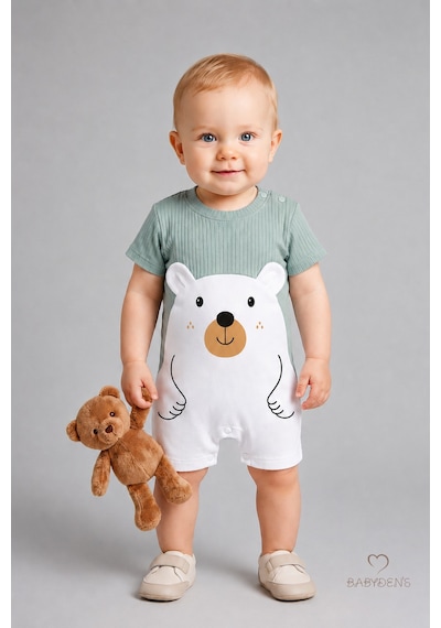 Babyden's Erkek Bebek Ayıcık Baskılı Kısa Kollu %100 Pamuk Yazlık Bebek Tulumu Yenidoğan Günlük Tulum 0-9 Ay Haki - Yeşil