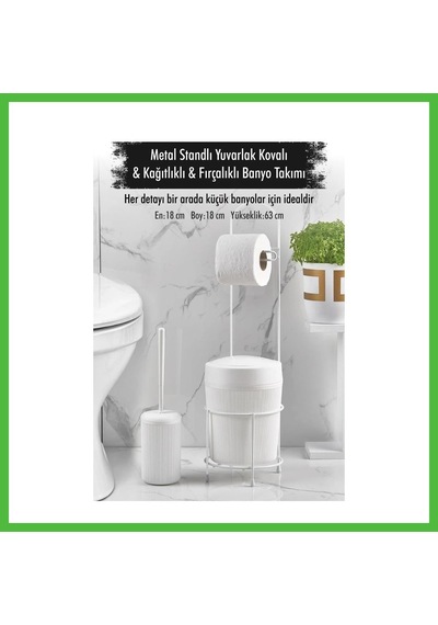 Vaveni Metal Standlı Yuvarlak Kovalı & Kağıtlıklı & Fırçalıklı Beyaz Banyo Takımı Arz