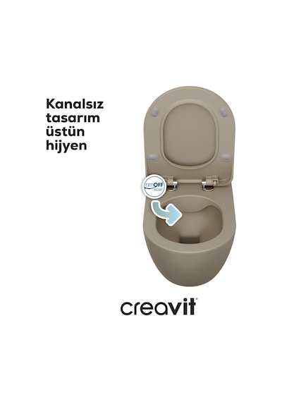 Creavit Free Kanalsız Mat Cappuccino Asma Klozet Fe322, Creavit Free Duck Duroplast Yavaş Kapak Mat Bej