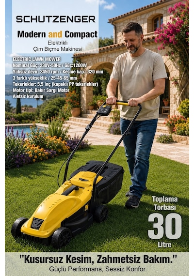 1800w Elektrikli Çim Ot Biçme Makinesi 30lt Tomlama Torbalı Sarı 12/c