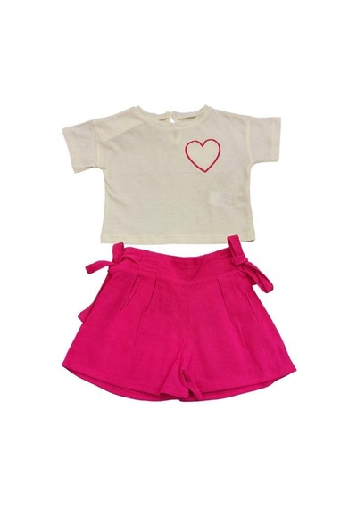 Çikoby Kız Bebek Kalpli T-shirt Keten Şortlu Takım-13875 Bej