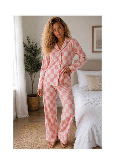 Fit Women Kadın Örme Gömlek Yaka Pembe Pijama Takımı