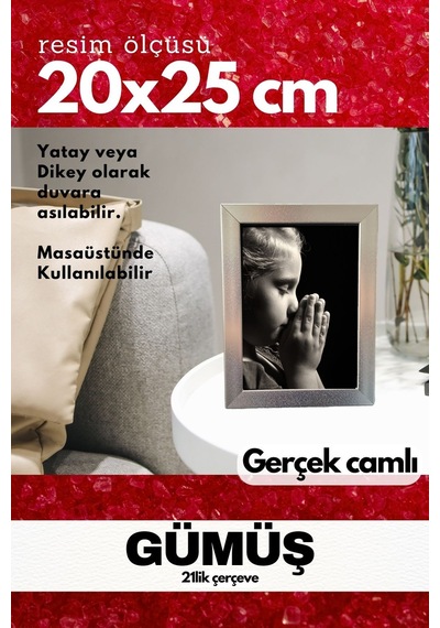 Gerçek Camlı 21lik Düz 20 X 25 Gümüş Fotoğraf Resim Çerçevesi Ayaklı Arkalık Veya Duvara Asma