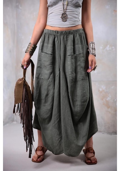 Bohem Stil İtalyan Cepli Keten Şalvar Pantolon Cmn00154 Haki