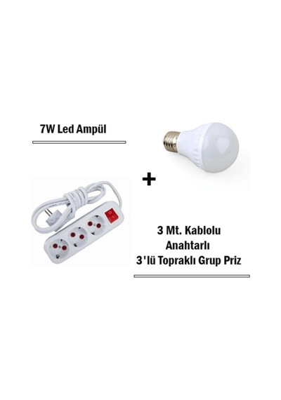 Led Ampul 7w Ve Uzatmalı Anahtarlı Priz Set 3m 3'lü Renkli