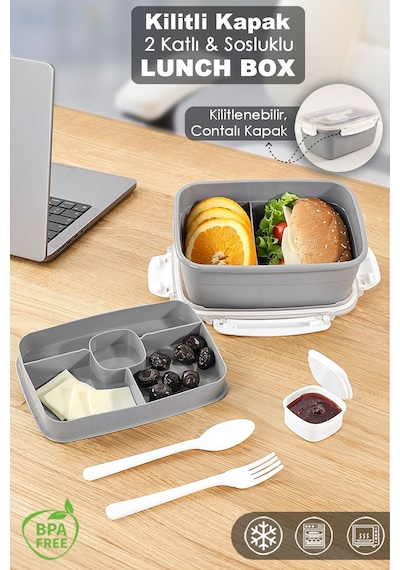 2 Katlı Kilitli Kapak Yemek Kabı - Bölmeli Lunch Box Diyet Beslenme Kutusu Sosluk Çatal Kaşık Gri