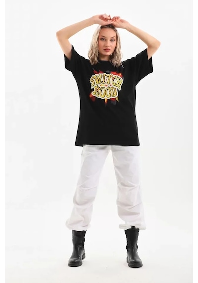Ahes Shopping Unisex Baskılı Oversize T-shirt - Siyah SIYAH