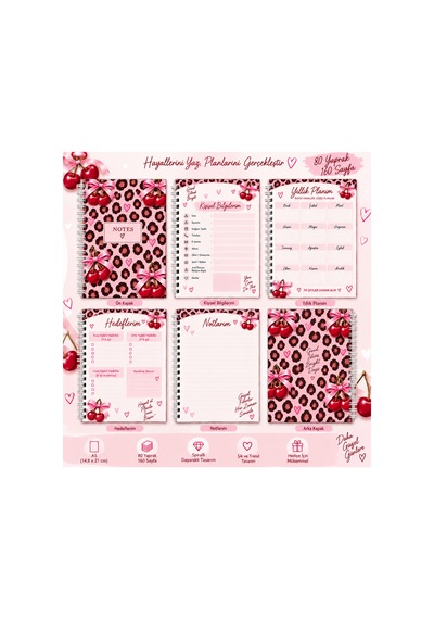 Pembe Leopar Kiraz Desenli A5 Sert Cover Kapaklı Spiralli Planlayıcı Not Defteri 80 Yaprak 160 Sayfa Çok Renkli