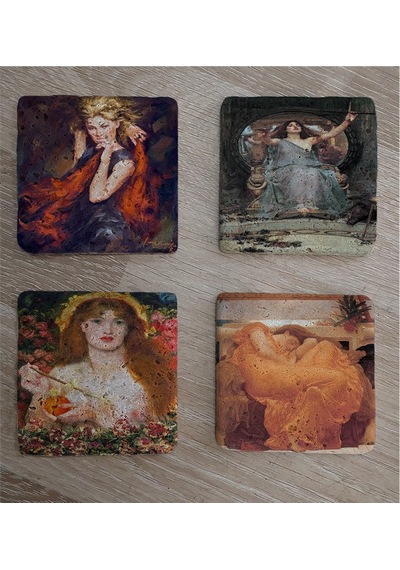 Rossetti Leighton Waterhouse Kadınları Doğal Taş Bardak Altlığı 4'lü Set - Natural Stone Coasters - Taş Çok Renkli