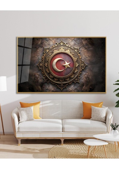 Modern Türk Bayrağı Cam Tablo Ev Ofis Makam Odası Büyük Boy Duvar Dekoru