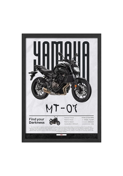 Yamaha Mt-07 Siyah Ahşap Çerçeveli Poster, Dekoratif Motosiklet Duvar Tablosu