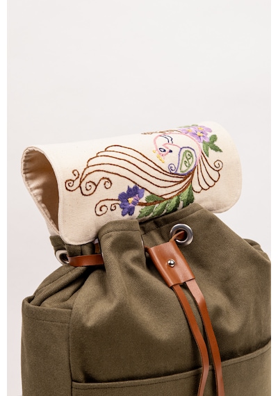 Fabric Craft Bag Sırt Çantası Kadın Nakış İşlemeli Kanvas Astarlı Haki 30x38 Cm