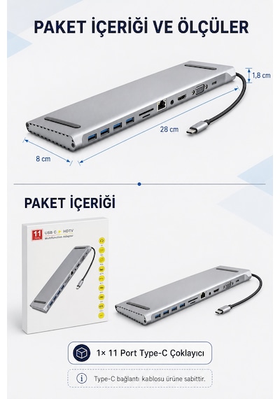 11in1 Çoklayıcı Type-c 3.1 To 4k Hdmi Vga Usb-c Ethernet Usb Çoklayıcı Sd Kart Okuyucu Çevirici Hub