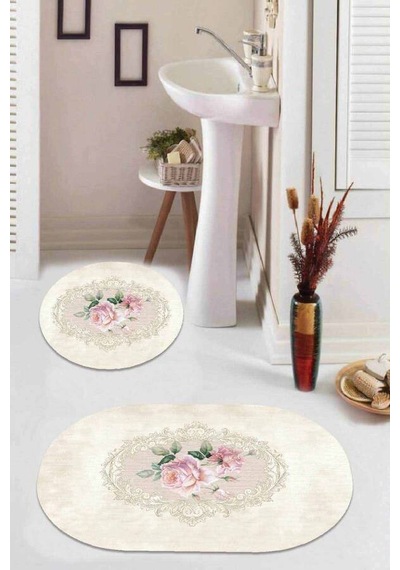 Bej Çiçekli Desen Banyo Halısı Klozet Oval Paspas Seti Bs077n11