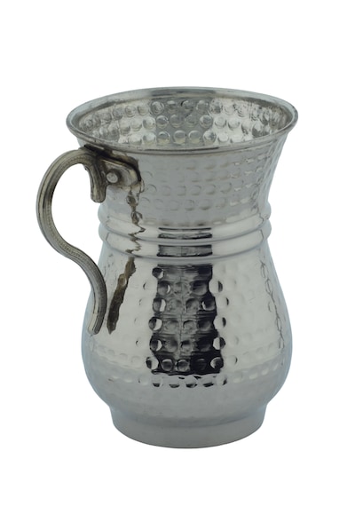 Geleneksel El İşlemesi 300ml Gümüş Renk Bakır Kulplu Maşrapa Ayran Bardağı 7,5cmx10cm Gümüş - Gri