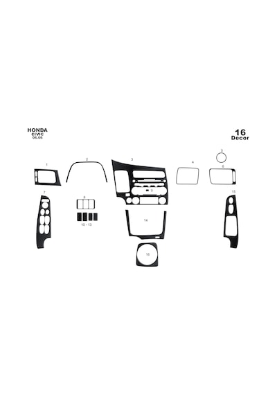 Honda Civic Torpido Kaplama 2006-2011 16 Parça Siyah Karbon