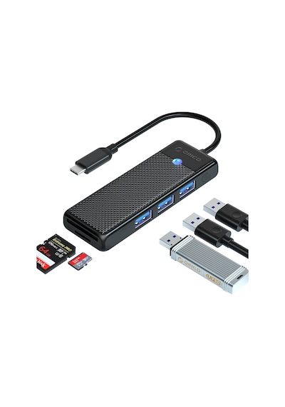 Orico PAPW3AT-C3-015-BK Type-C to 3.0 TF SD Kart Okuyucu 3 Portlu USB 3.0 Çoklayıcı Adaptör Siyah