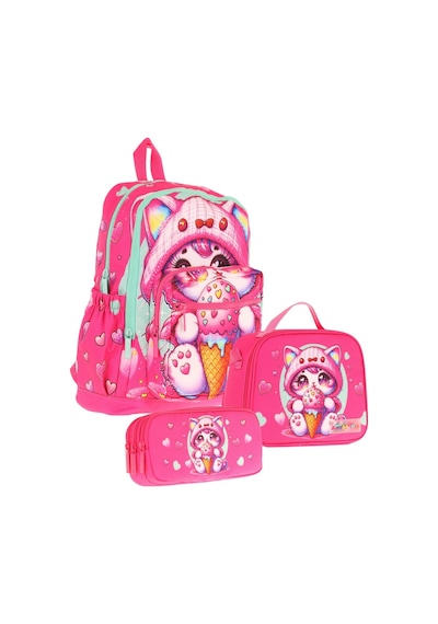Kaukko Kids Dört Bölmeli Okul Çantası + Beslenme +kalemlik Seti Dondurma Yiyen Kedi - Kız Çocuk - Pembe Pembe