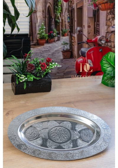 430 Kalite Krom Çelik Nakışlı Kayık 1adet Sunum Tabağı 30x20 Cm Gümüş