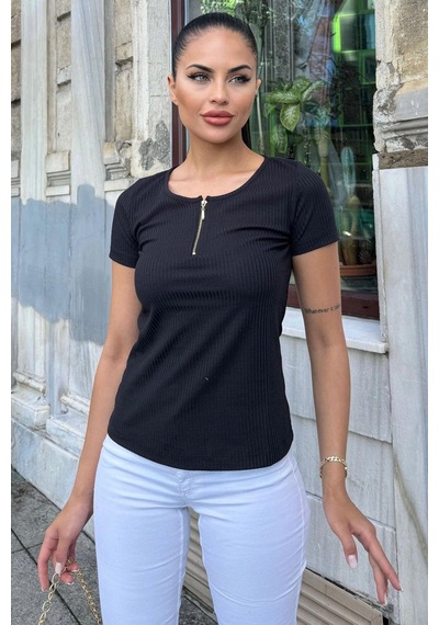 Kadın Siyah Kısa Kol, Fermuar Yaka Detaylı, Fitilli Terletmez Kumaş, Rahat Bluz, Tshirt SIYAH