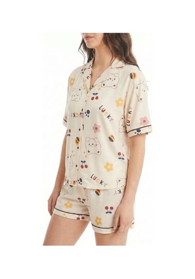 Hepsine Rakip Kadın Düğmeli Kısa Kollu Şortlu Pijama Takımı Cutebear 7518 Krem