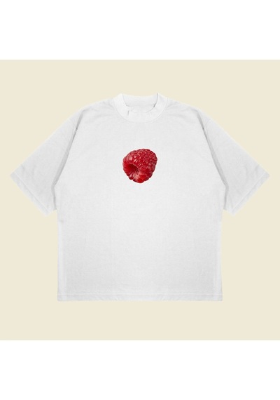 Startmore Raspberry Baskılı Oversize Unisex Pamuklu Nefes Alan Kalın Kumaşlı Beyaz