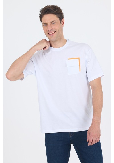 Beyaz Kısa Kol Bisiklet Yaka Kapaklı Cep Pamuk Casual Oversize Tişört 1011250131 Beyaz